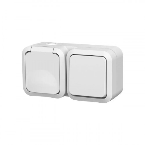 Double va-et-vient avec prise horizontale étanche blanche IP55 - commande et alimentation extérieure - Quarx