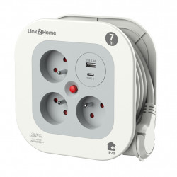 Enrouleur ménager compact USB 7 m - 3 prises et 2 ports USB de marque Link2home, référence: B10033900