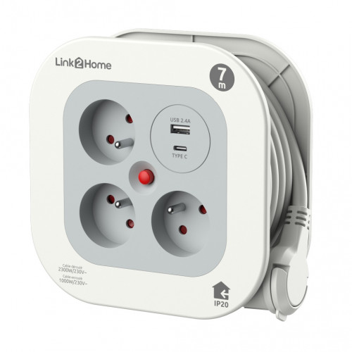 Enrouleur ménager compact USB 7 m - 3 prises et 2 ports USB - Link2home