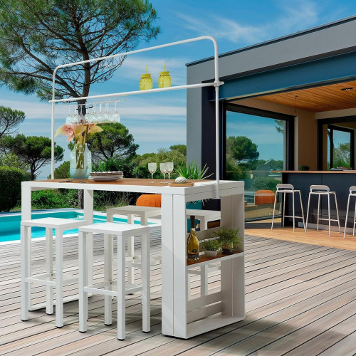 Ensemble table de bar - Hawaï - avec 4 tabourets et étagères - blanc et décor bois - Jardiline