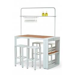 Ensemble table de bar - Hawaï - avec 4 tabourets et étagères - blanc et décor bois - Jardiline