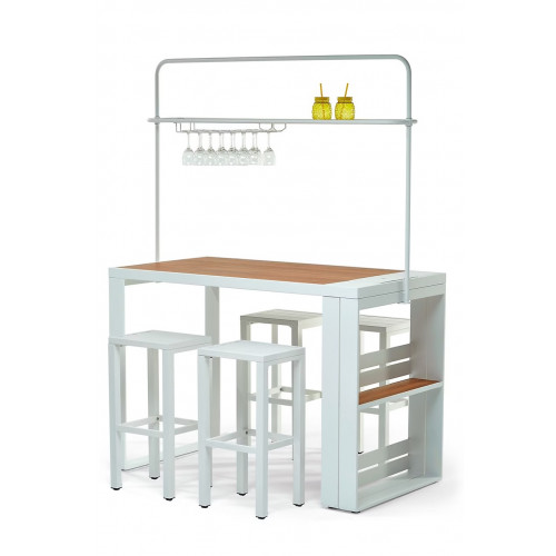 Ensemble table de bar - Hawaï - avec 4 tabourets et étagères - blanc et décor bois - Jardiline