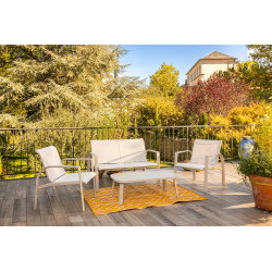 Salon de jardin - Komodo - aluminium et textilène - blanc - 4 places - sofa, 2 fauteuils et table basse de marque Jardiline, référence: J10108300