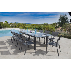 Table de jardin extensible - Milos - aluminium anthracite - plateau verre texturé grisé anti-rayures - 8 à 10 personnes - Jardiline