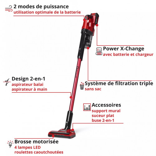 Aspirateur-balai sans fil - TE-SV 18 Li - Batterie 4,0 Ah incluse - 2-en-1 - Plateforme Power X-Change RECONDITIONNE - EINHELL 