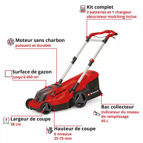Tondeuse à gazon sans fil - GP-CM 36/450 - 36 V Twin-Pack - Largeur de coupe 38 cm - 2 batteries 4,0 Ah RECONDITIONNE - EINHELL 