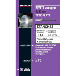 75 rivets étanches alu/acier (tête plate) Ø 4 x 10 mm - TECHMAN