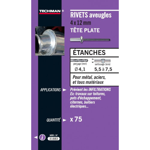 75 rivets étanches alu/acier (tête plate) Ø 4 x 10 mm - TECHMAN