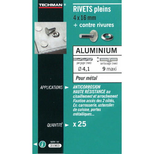 25 rivets pleins alu Ø 4 x 16 mm - TECHMAN