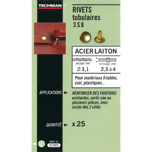 25 rivets tubulaires acier / laiton Ø 3 x 8 mm - TECHMAN