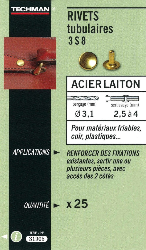 Techman 25 rivets tubulaires acier / laiton D. 8 x 12 mm - vue 2