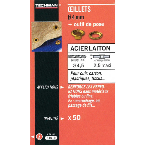 50 oeillets laiton Ø 6 mm avec outil de pose - TECHMAN