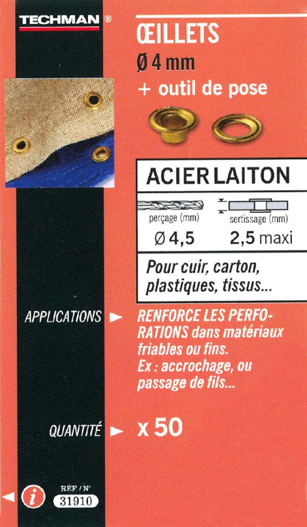 25 oeillets laiton Ø 8 mm avec outil de pose