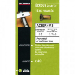 40 écrous M3 à sertir acier avec tête fraisée de marque TECHMAN, référence: B1731000