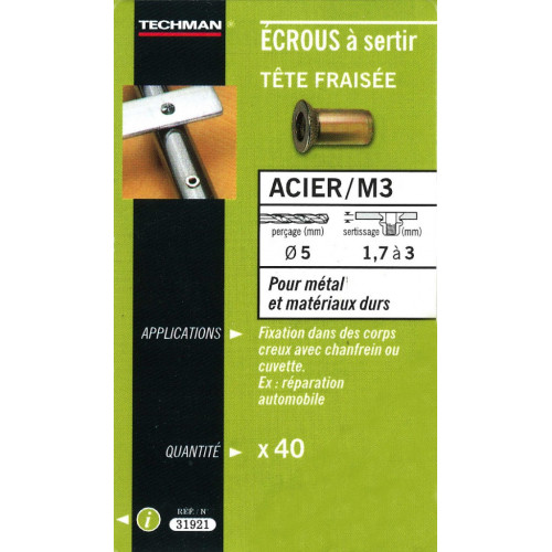 40 écrous M4 à sertir acier avec tête fraisée - TECHMAN