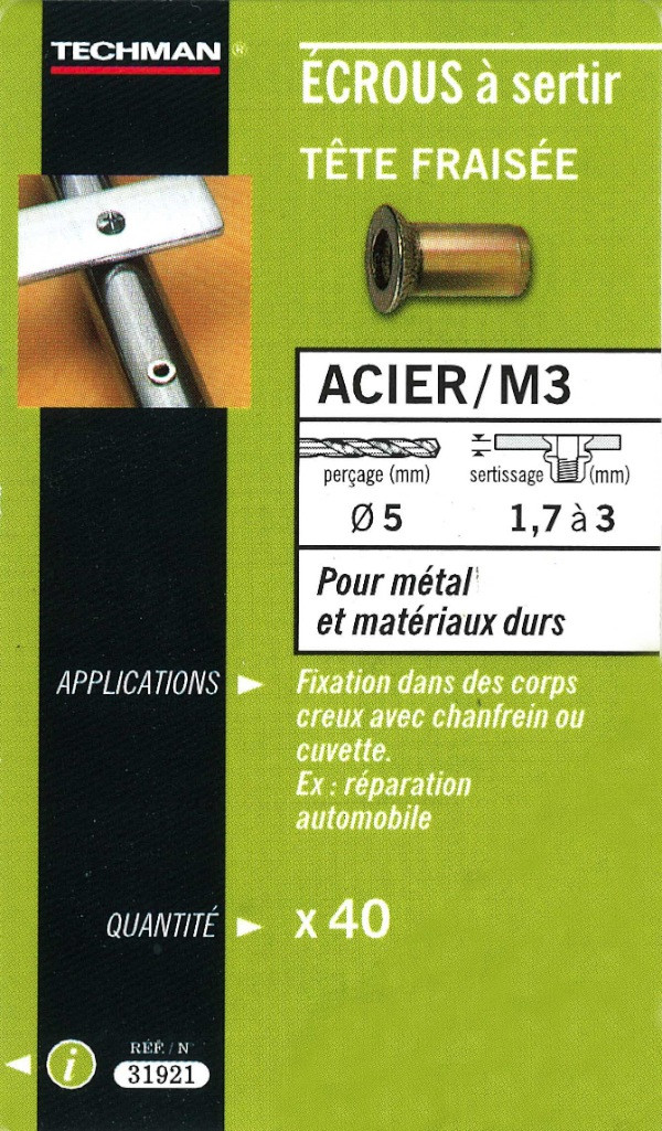 Techman 40 écrous M5 à sertir acier avec tête fraisée - vue 2