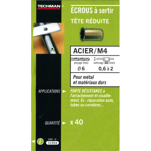 Techman 40 écrous M4 à sertir acier avec tête réduite