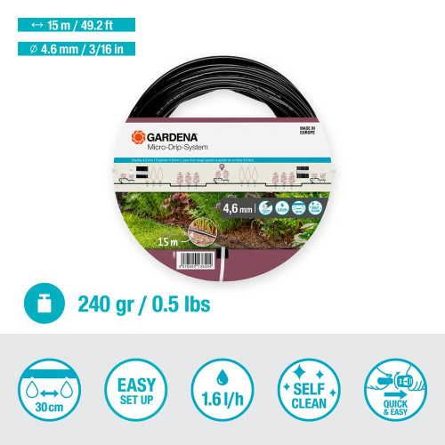 Tuyau d'irrigation à goutteurs intégrés 15 m - 4.6 mm - GARDENA