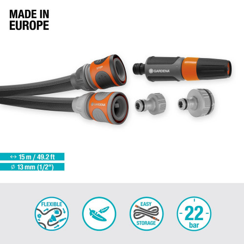 Kit tuyau Liano™Life 15m, Ø 13mm + pièces GARDENA System - léger et résistant - GARDENA