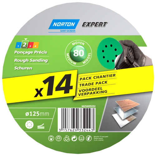 Lot de 14 disques abrasifs l.125 x L.125 mm grain 80 - NORTON