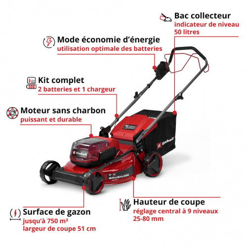 Tondeuse à gazon sans fil - GC-CM 36/51 S Li BL 36 V - 51 cm - 2 batteries 5,2 Ah - EINHELL 