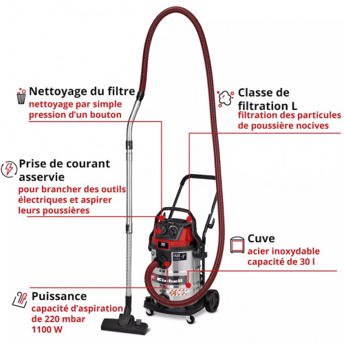Aspirateur eau et poussières - TC-VC 3080 SACL - 1150 W - Cuve inox 30 L - Filtre HEPA - Classe L RECONDITIONNE - EINHELL 
