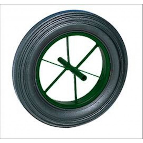 Roue de brouette en caoutchouc noir - Ø 380 x 80 mm - rayons verts - axe 20 x 250 mm - charge 200 kg - GUITEL POINT M