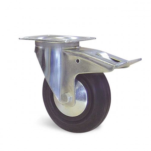 Roulette pivotante à frein et platine en caoutchouc noir Ø 200 mm - charge 200 kg - GUITEL POINT M