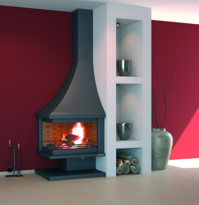 Cheminée de coin droit anthracite sans porte + Base et Foyer réfractaire CH21