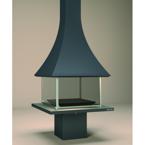 Cheminée centrale anthracite avec porte encadrement inox + base et foyer acier CH91 - FOCGRUP