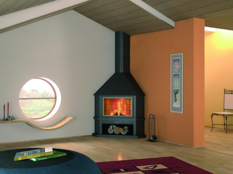 Cheminée de coin anthracite avec porte + Base et Foyer réfractaire CH51