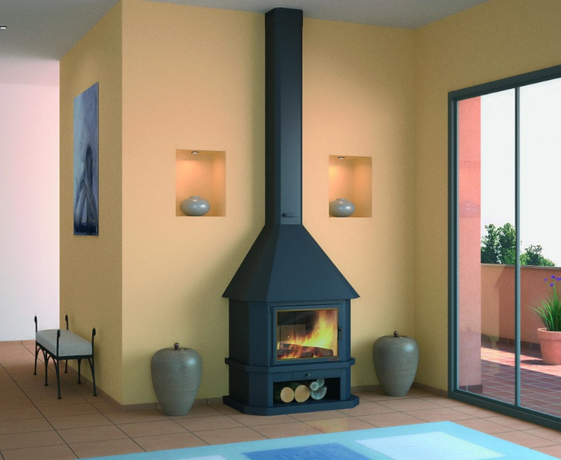 Cheminée frontale anthracite avec porte + Base et Foyer réfractaire CH42