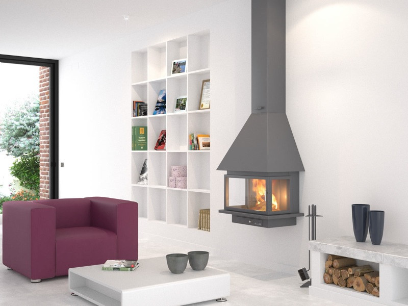 Cheminée murale suspendue Anthracite- Avec porte et foyer plaque réfractaire CH57F1-PC