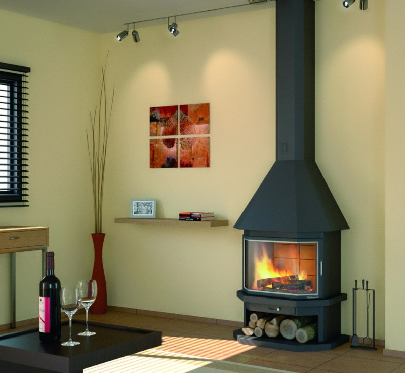 Cheminée frontale anthracite avec porte + Base et Foyer réfractaire CH64