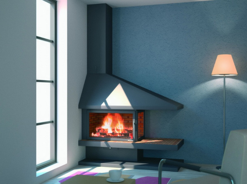 Cheminée anthracite de coin gauche avec porte +base et foyer refractaire CH80