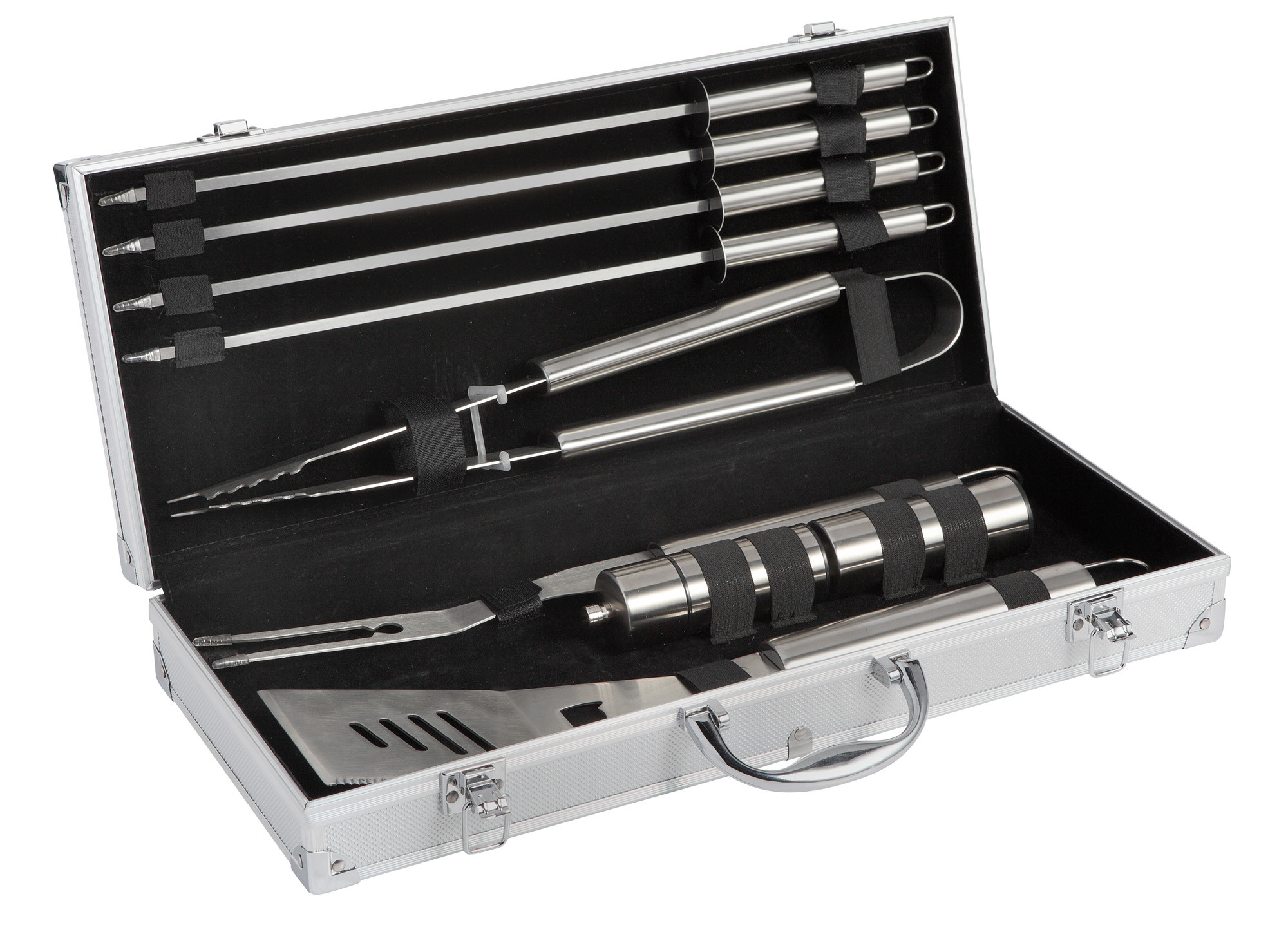 Valisette 9 pièces : fourchette, pince, spatule, 4 pics, sel & poivre