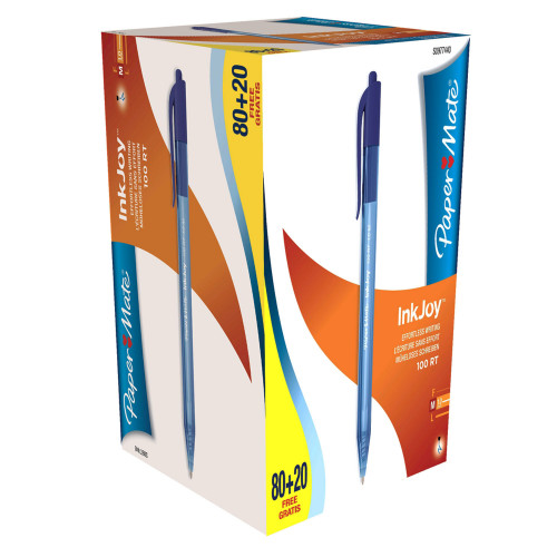 Boîte de 100 stylos Inkjoy bleus rétractables - Paper-Mate