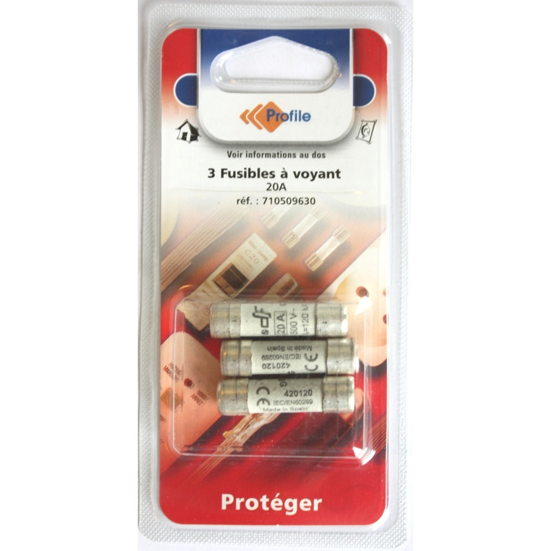 3 fusibles à voyant 10.3x38 mm - 20A