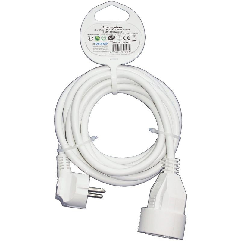 Rallonge blanche de 16A 3m prise 2 pôles + terre