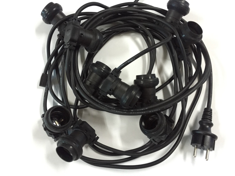 Guirlande 10 m - 10 douilles E27 cable rond noir IP44