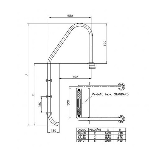 Echelle standard inox pour piscine enterrée, 4 marches 1,50m - GRE POOLS