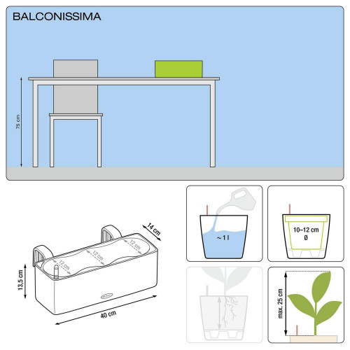 Pot Balconissima Color, blanc, alimentation par mèche 40 cm - LECHUZA