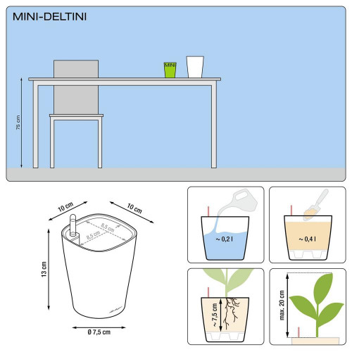 Pot de table Mini-Deltini - kit complet, blanc brillant Ø 10 x 13 cm - LECHUZA