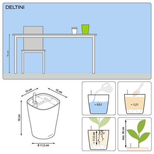 Pot de table Deltini - kit complet, blanc brillant Ø 14 x 18 cm - LECHUZA