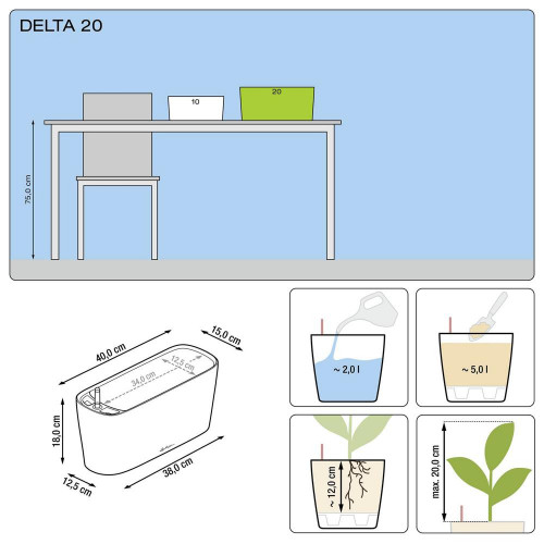 Pot de table Delta 20 - kit complet, blanc brillant 40 cm - LECHUZA