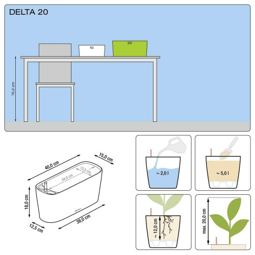 Pot de table Delta 20 - kit complet, taupe brillant 40 cm - LECHUZA