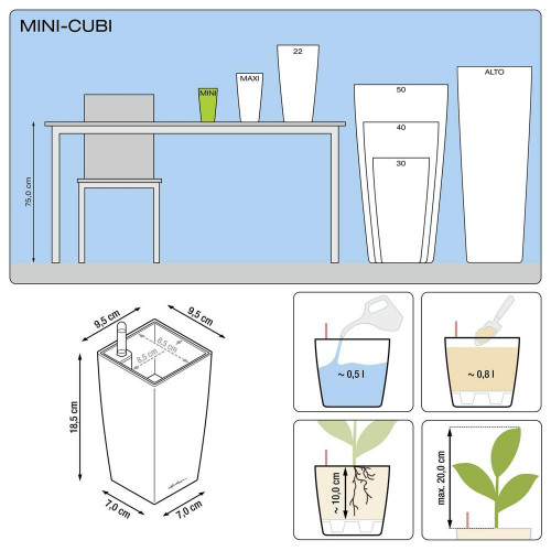 Pot de table Mini-Cubi - kit complet, anthracite métallisé 18 cm - LECHUZA