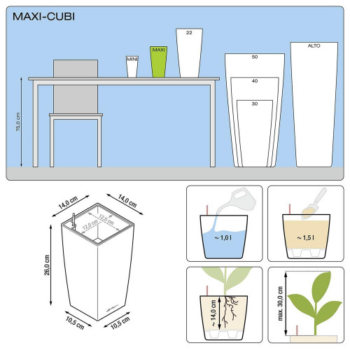 Pot de table Maxi-Cubi - kit complet, blanc brillant 26 cm - LECHUZA