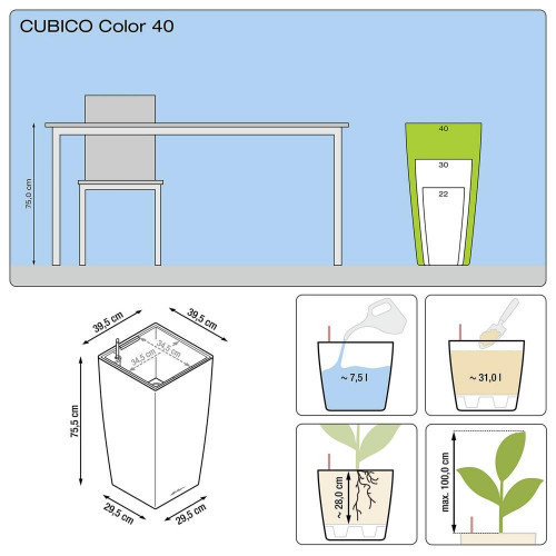 Cubico Color 40 - kit complet, blanc 8 L 75 cm - LECHUZA