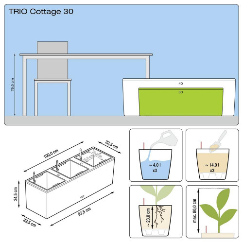 Pot Trio Cottage 30 - kit complet, granit - 100 cm - LECHUZA